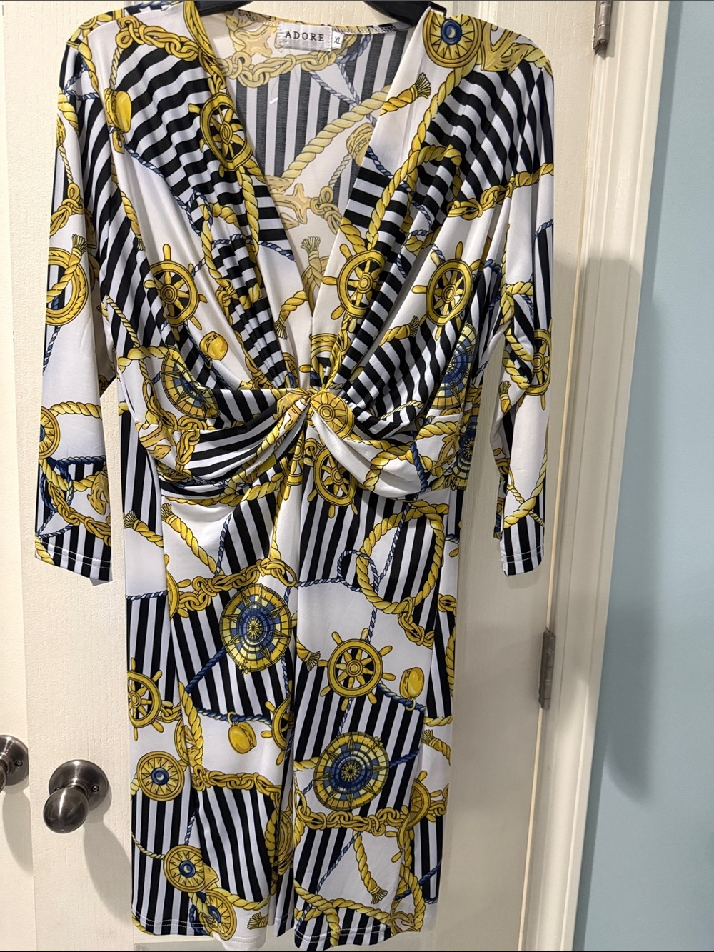Adore Black, White & Yellow Nautical Twist-Front Midi Dress